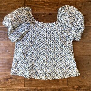 Caslon Puff Sleeve Organic Cotton Women's Large Blue Floral Button Front Spring